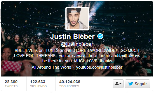 Justin Bieber, es el nuevo rey de Twitter con 40 millones de seguidores